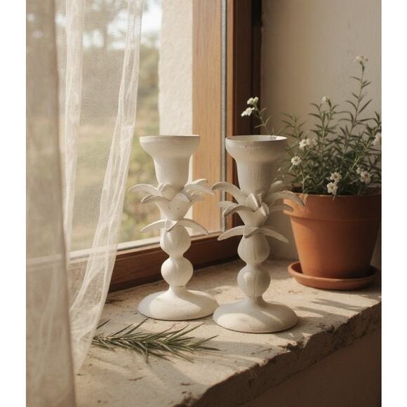 Anthropologie Candle Holder set 2 NEW Laia Abstract Botanical Ceramic 6.75"x3.5" - Picture 1 of 7
